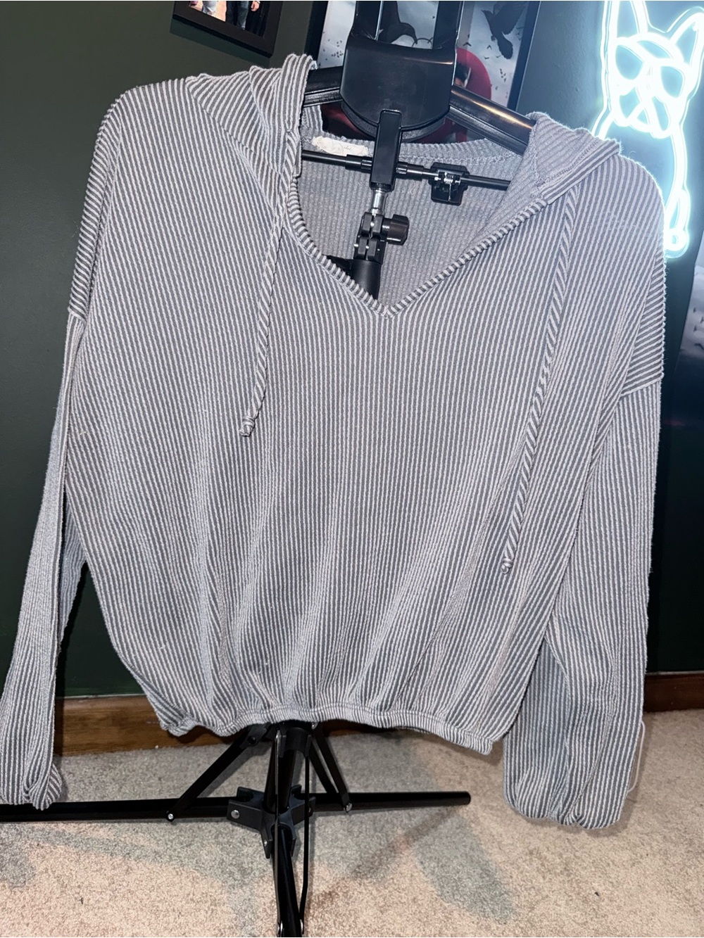 Striped V-Neck Hoodie Pullover - Gray